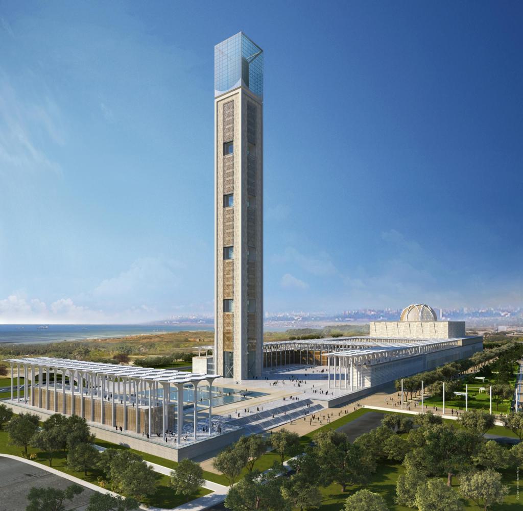 Turm, Aussichtsplattform, Grünfläche, Platz, Große Moschee Algier, Architekturbüro KSP Engel